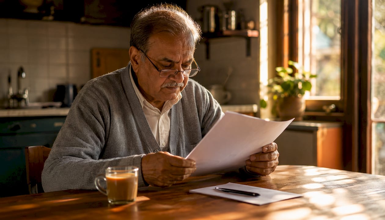 Homeowner reading roofing warranty papers