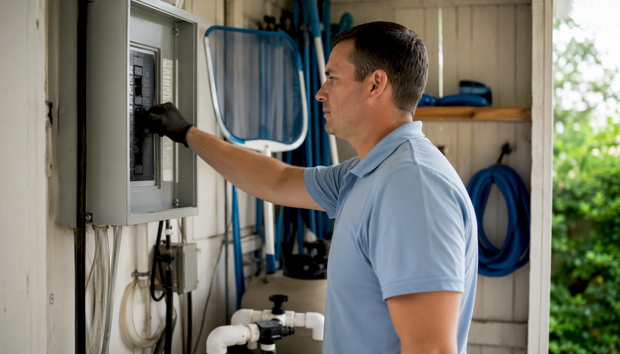 Hurricane Impact on Pools Florida: Prep and Recovery Guide 3 Hands switching off pool electrical breaker panel