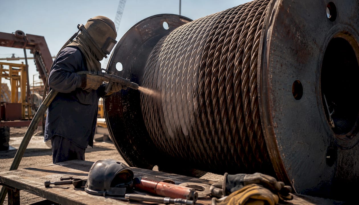 Technician performing abrasive blasting on steel beam