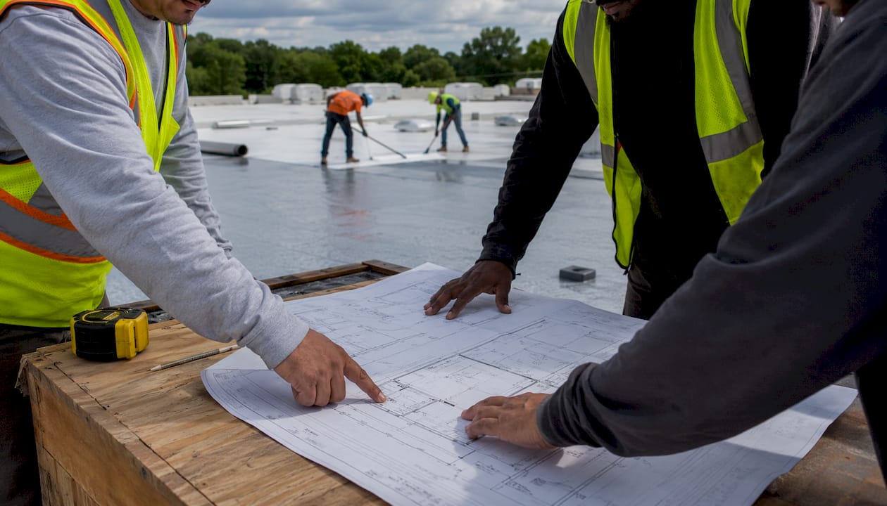 Hands with roof blueprint over commercial roof