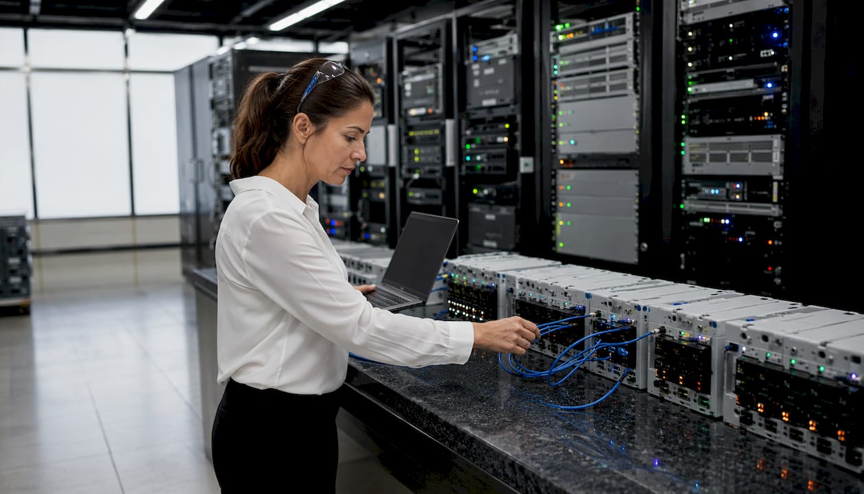 Technician testing BMS interface equipment