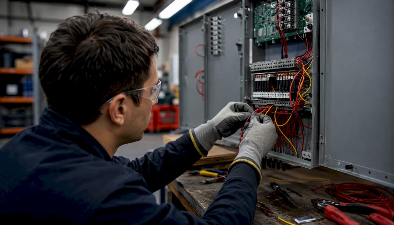 Hands wiring fire alarm control panel
