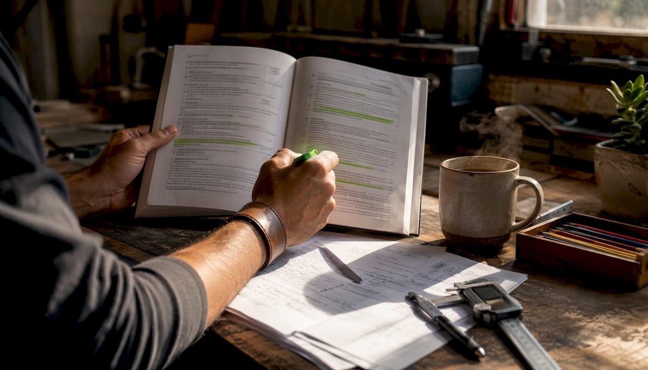 Hands highlighting coating standards documentation