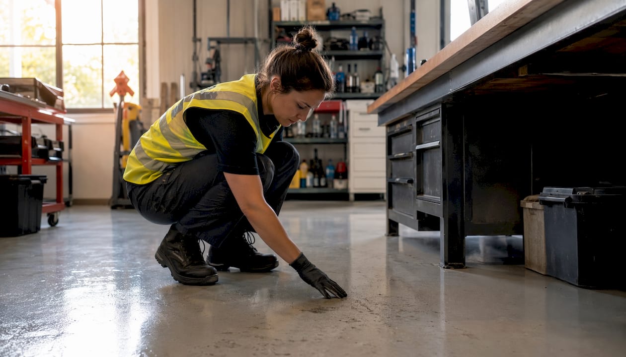 Maintenance worker inspecting industrial floor coating