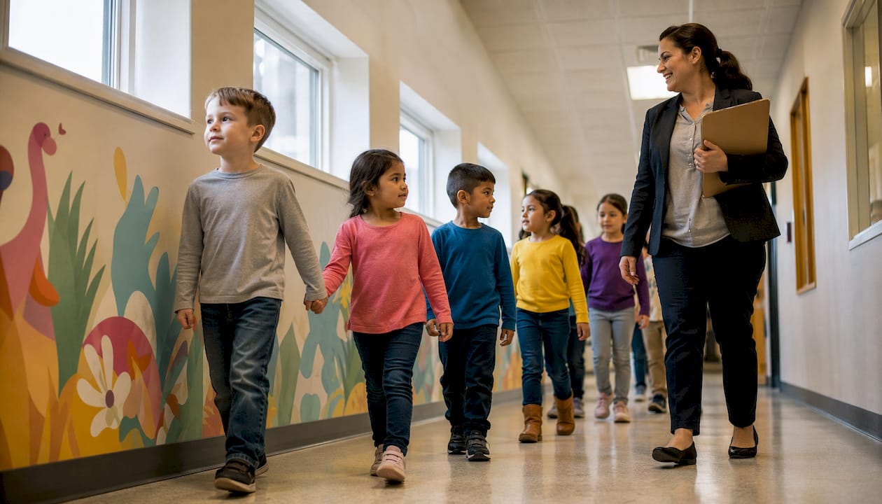 Fire drill training in school hallway