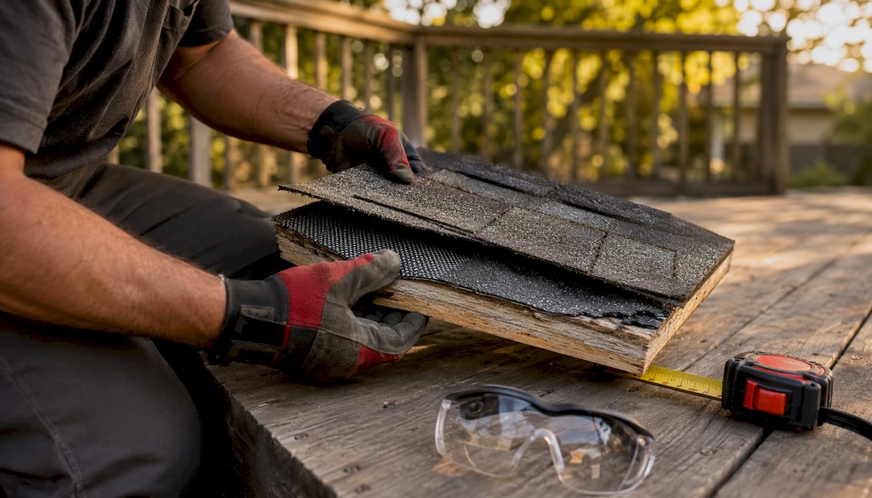 Close-up of roofing layers in hands