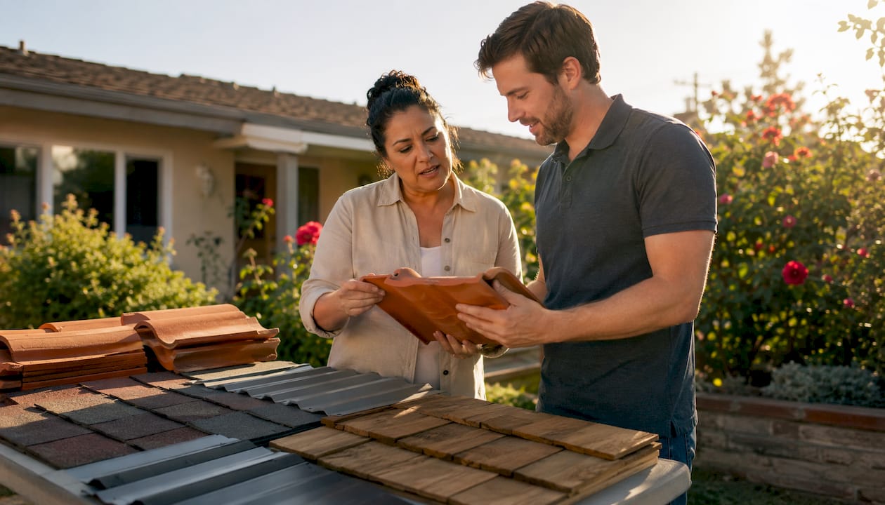 Homeowners comparing roofing materials