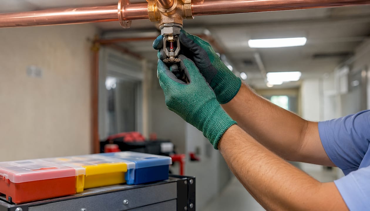 Hands inspecting fire sprinkler system components