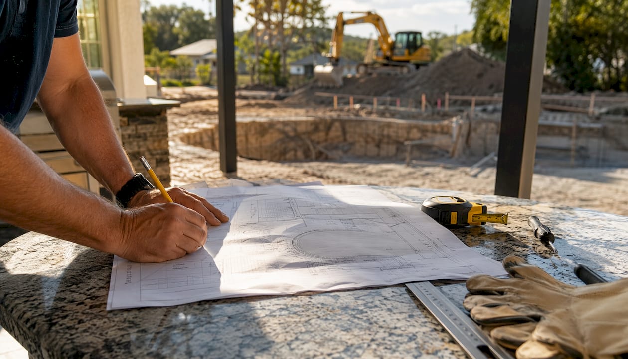 Close-up hands with blueprints near pool excavation