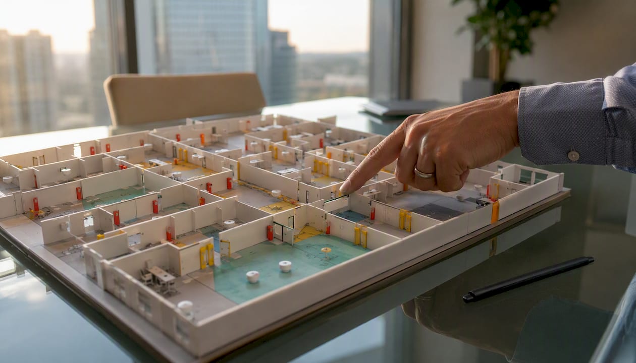 Hands pointing at fire zone office model