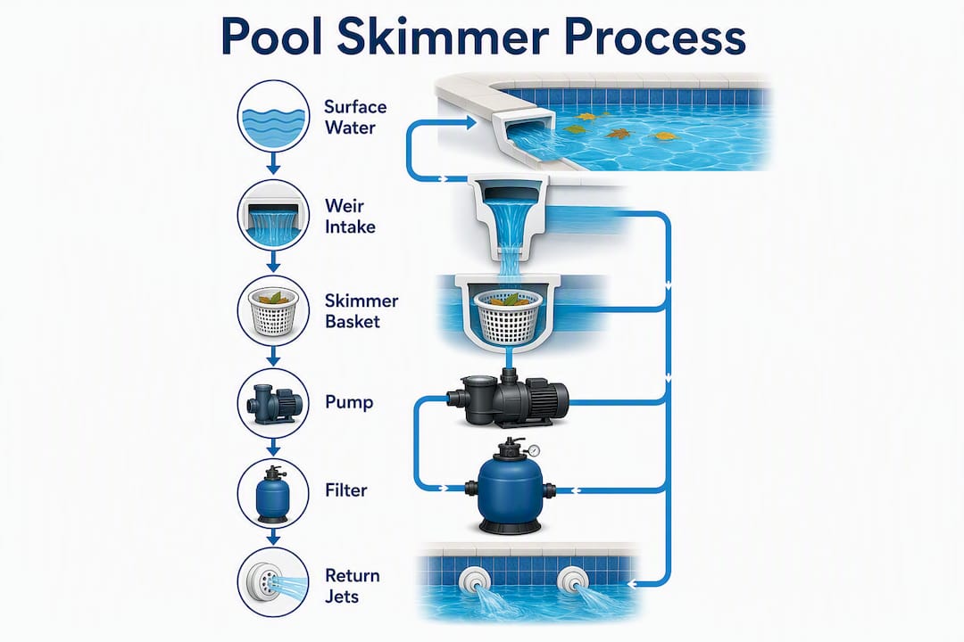 What Is a Pool Skimmer? How It Works and Why It Matters 2 Infographic showing pool skimmer water flow stages