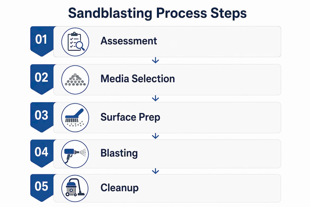 Infographic illustrating industrial sandblasting process steps