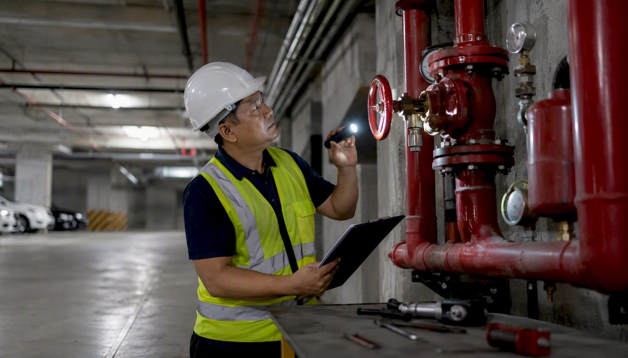 Inspector examining building sprinkler system