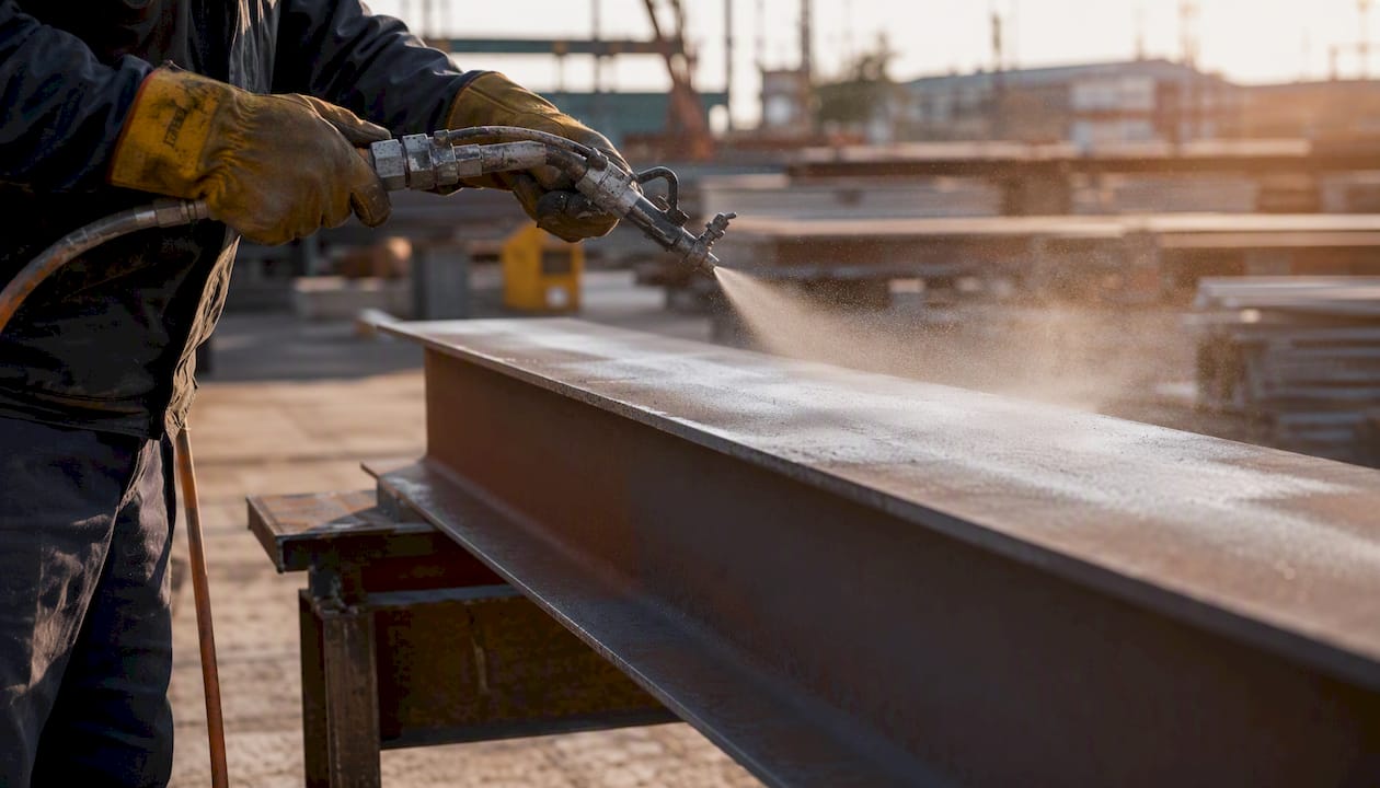Hands spraying primer on steel beam