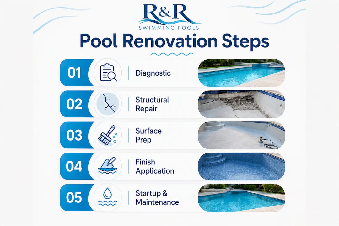 Best Pool Renovation Services: Hire Right and Avoid Surprises 2 Infographic illustrating pool renovation steps and costs