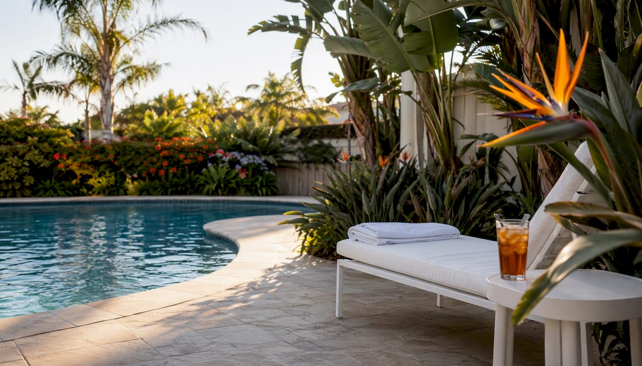 10 Pool-Friendly Landscaping Plants for Low-Maintenance Yards 2 Tropical Bird of Paradise accents by poolside