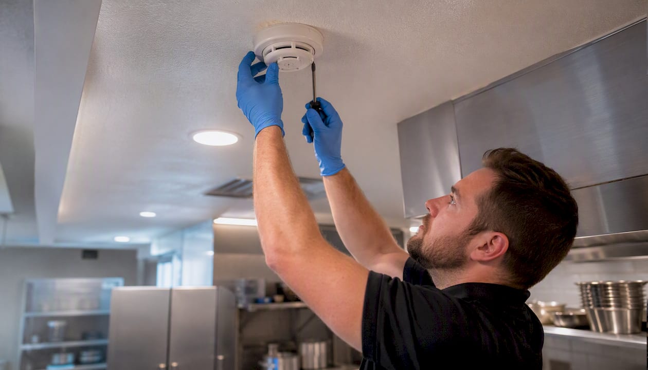 Technician installing multi-sensor fire detector