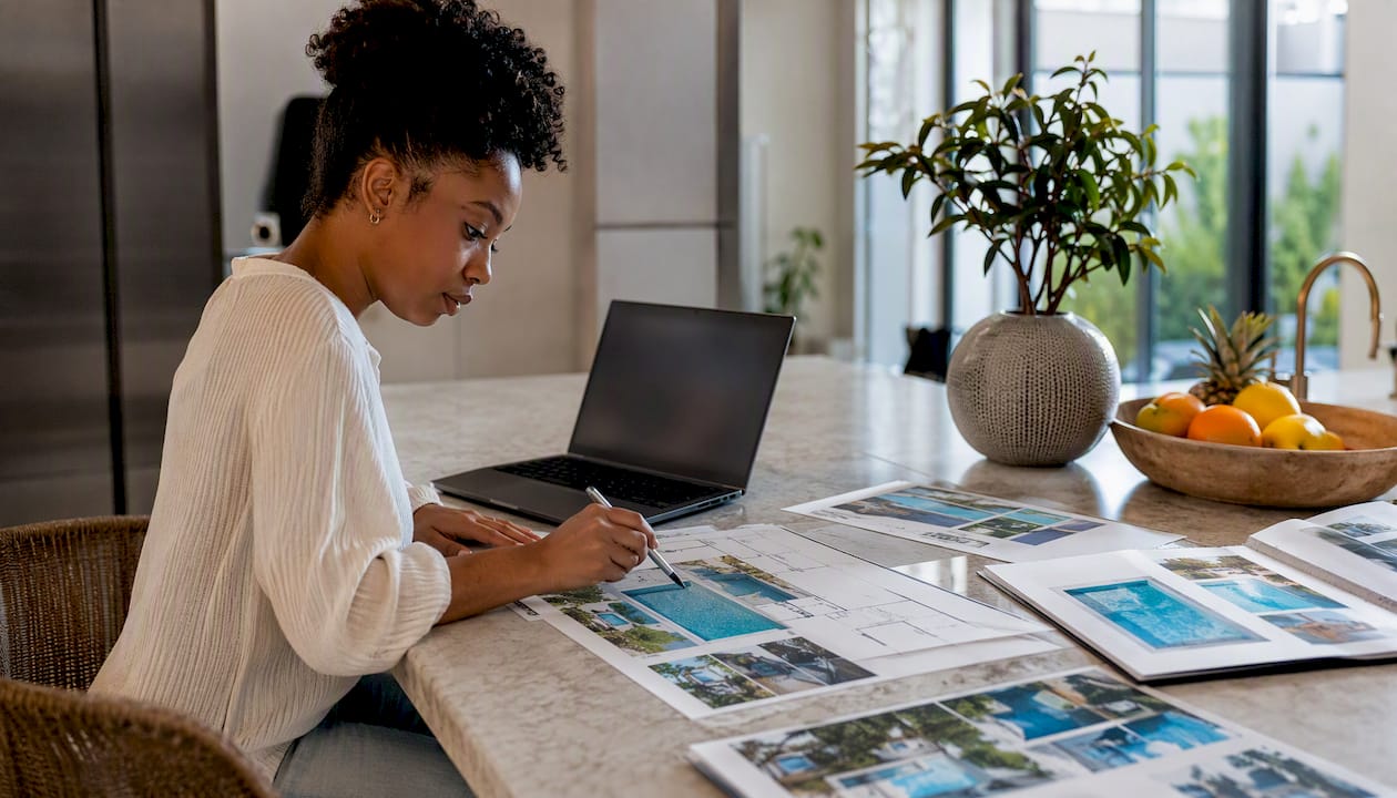 Focalenz.com Alternatives for Central Florida Pool Projects 2 Woman working on pool design blueprints at desk