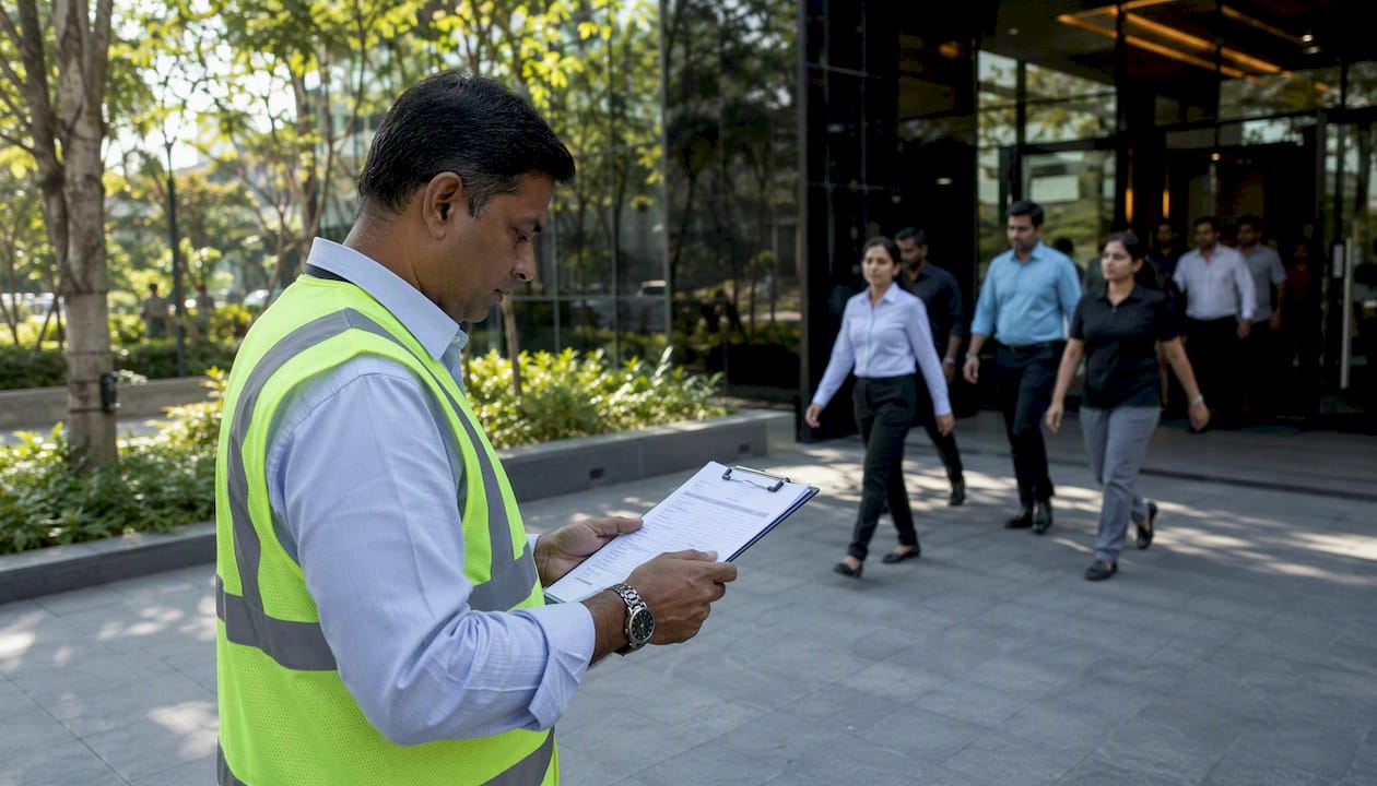 Floor warden checking checklist during drill