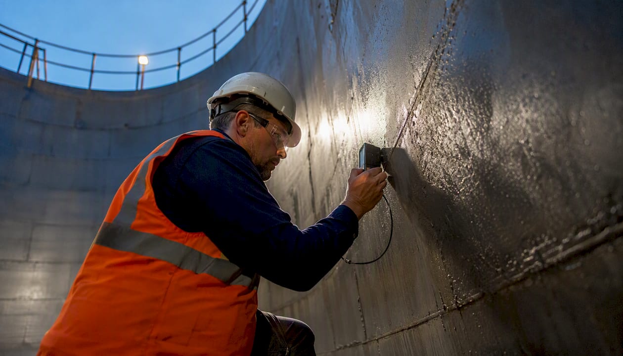 Worker inspecting municipal water tank surface