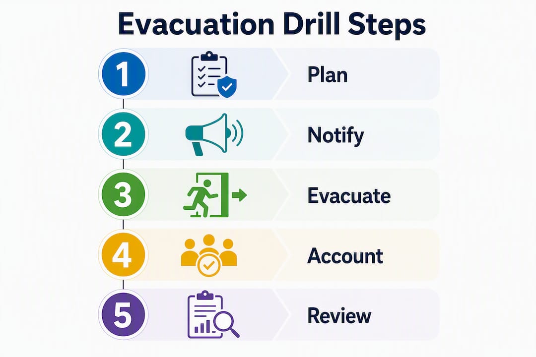 Infographic showing evacuation drill step-by-step process