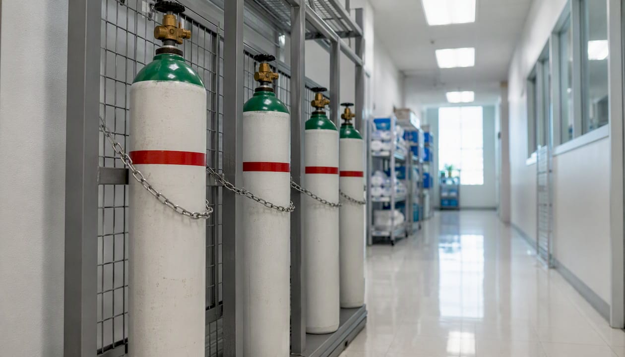 Secured oxygen cylinders in hospital storage