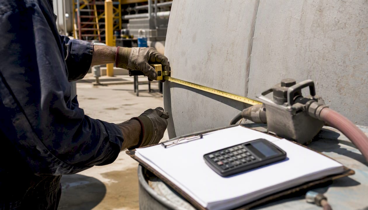 Hands measuring industrial tank for project estimates