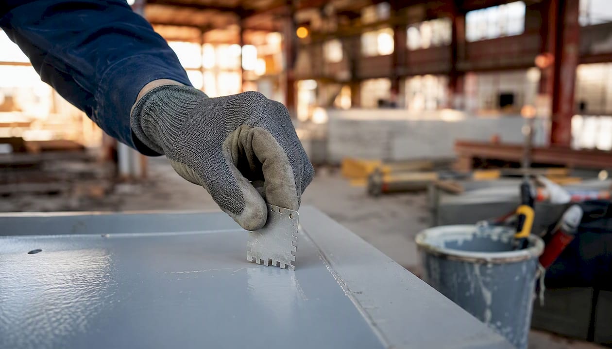 Inspector measuring coating thickness on metal surface