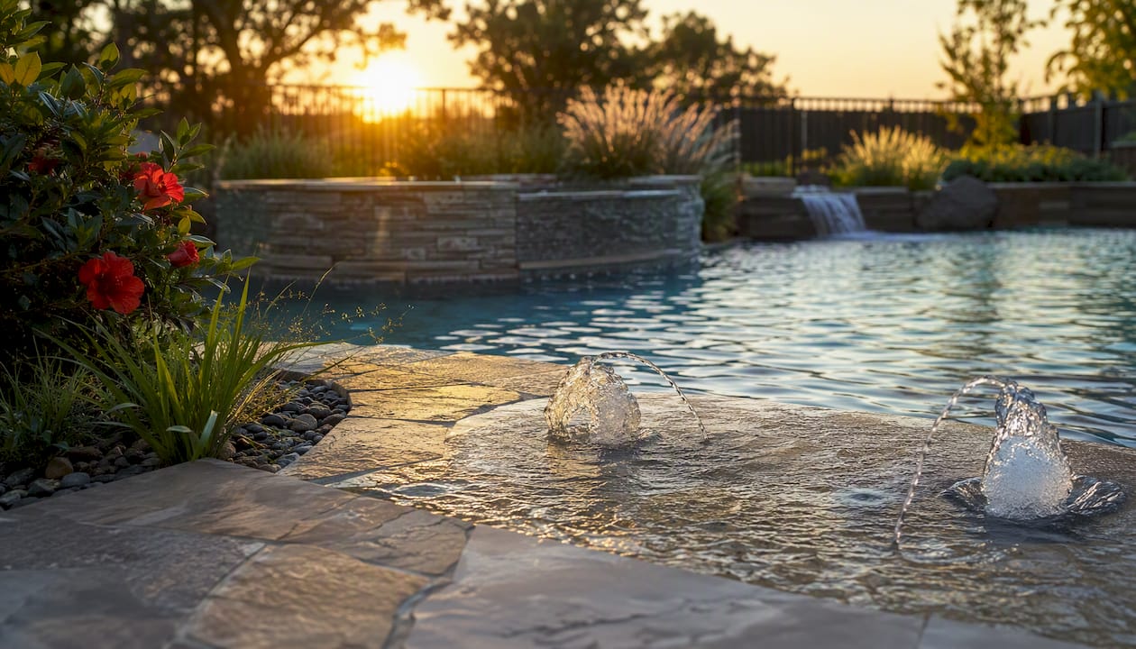 Tanning Ledge Ideas for a Stylish, Functional Pool 1 Natural stone tanning ledge with water bubblers and plants