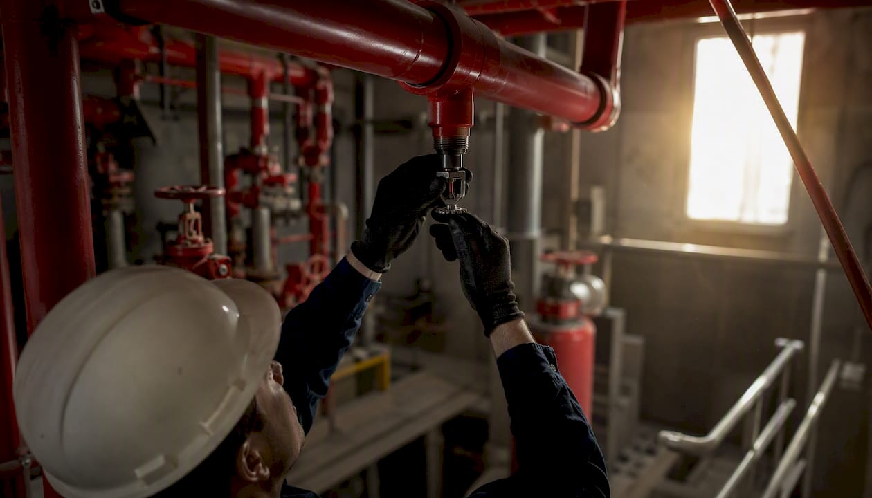 Inspector adjusting fire sprinkler head