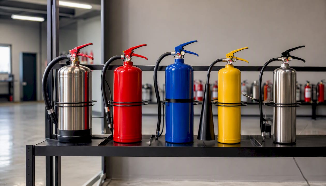 Various types of fire extinguishers arranged on shelf