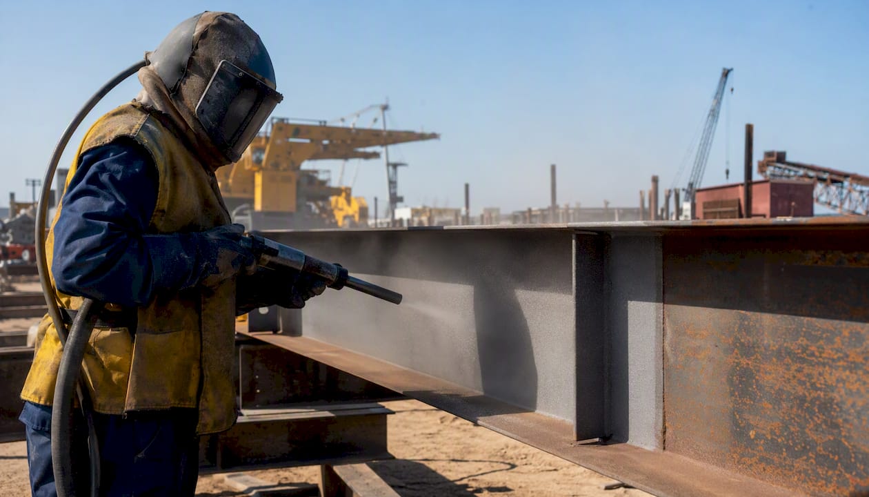 Sandblasting surface preparation on industrial steel