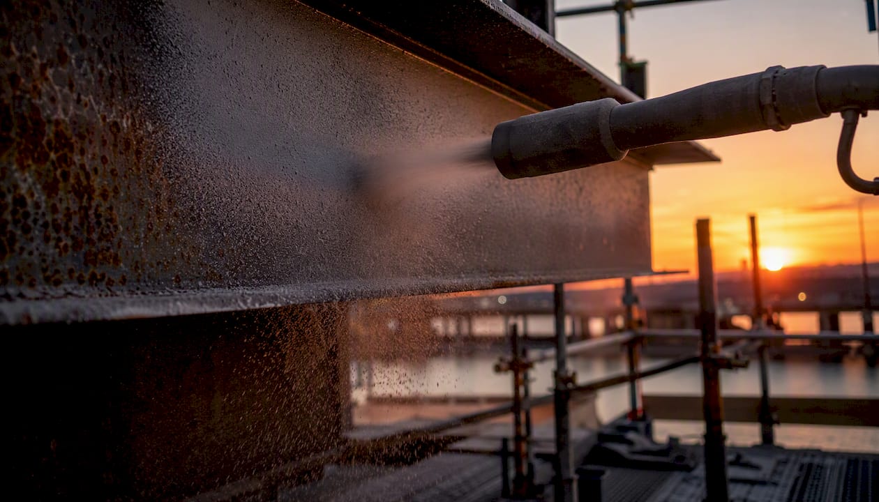 Sandblasting steel beam surface close-up