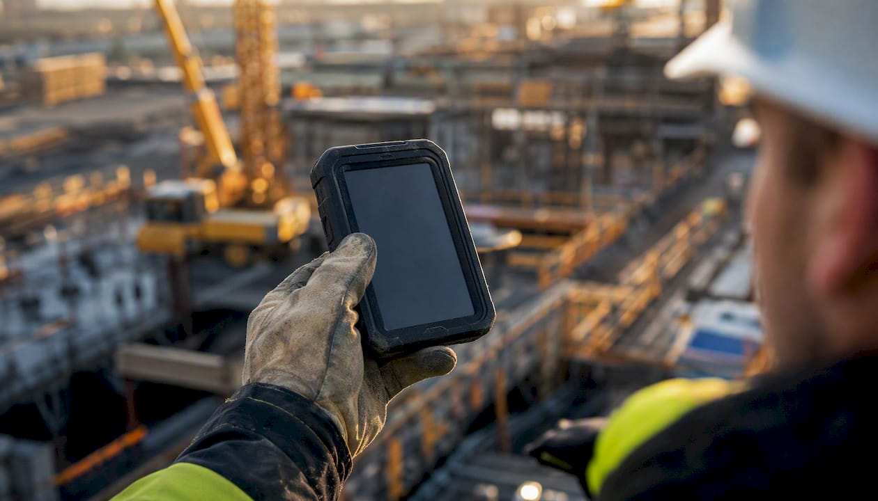Gloved hand holding inspection device on site