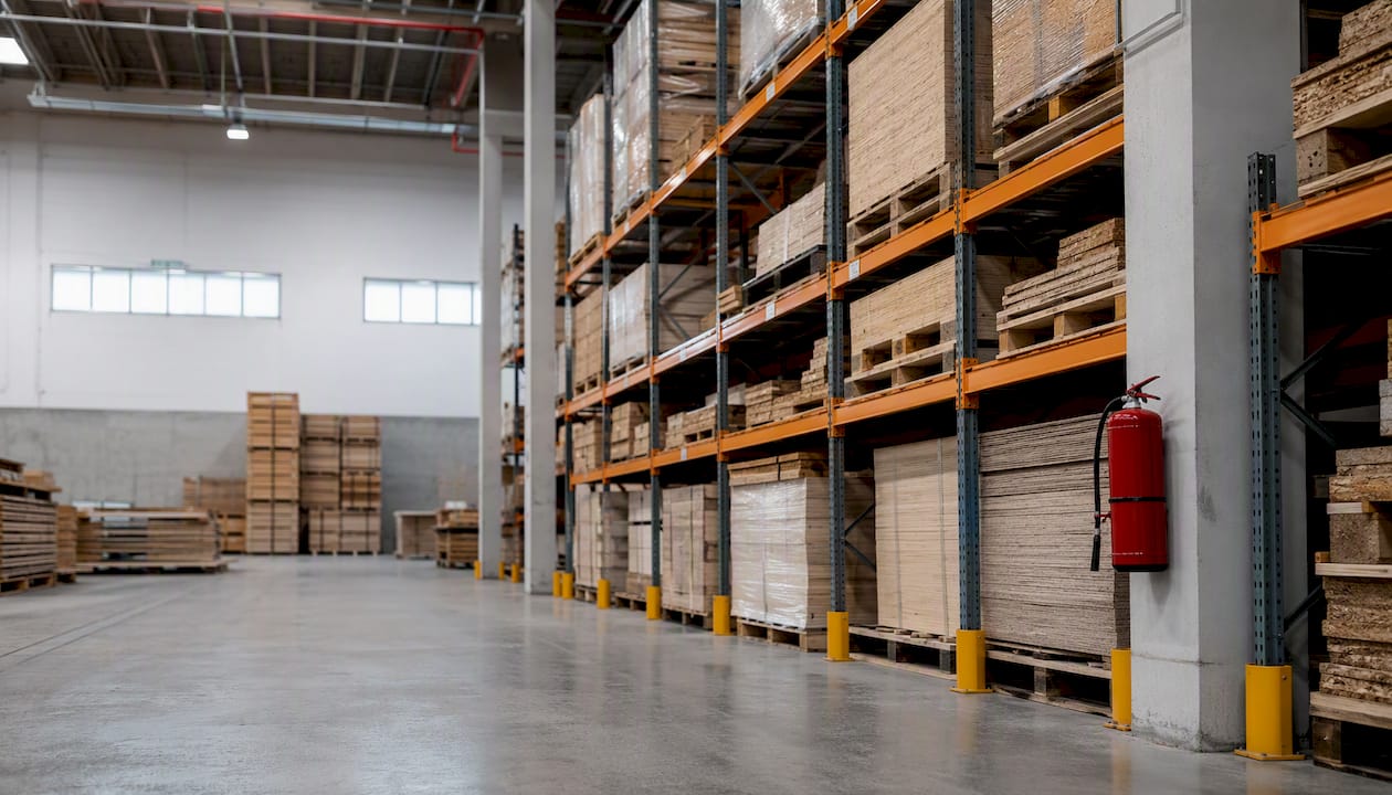 Well-organized warehouse storage with clear sprinkler access