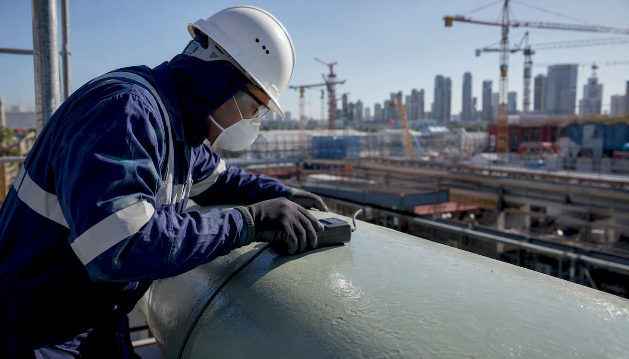 Inspector measuring pipeline coating thickness