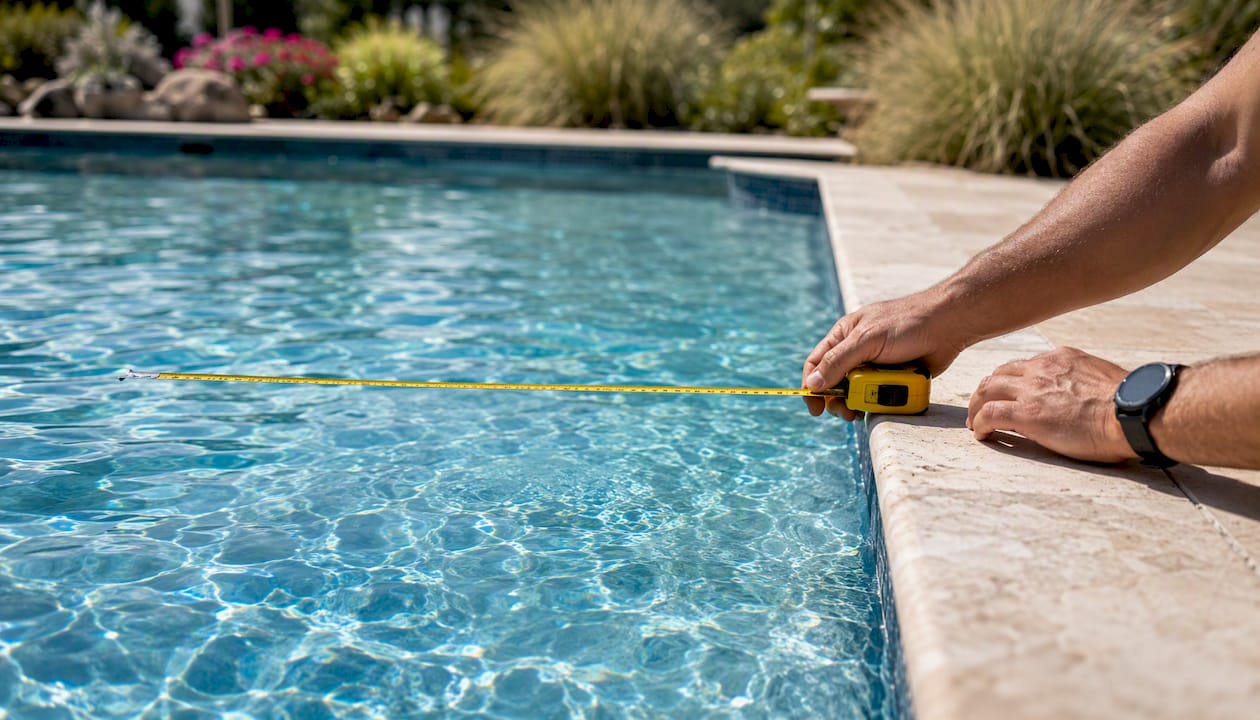 Measuring tape across pool edge to measure surface area