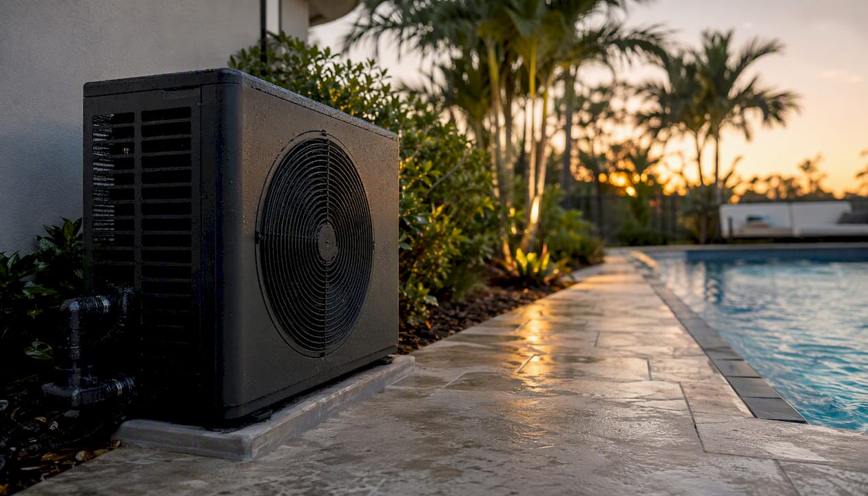 Pool heat pump operating beside sunny pool