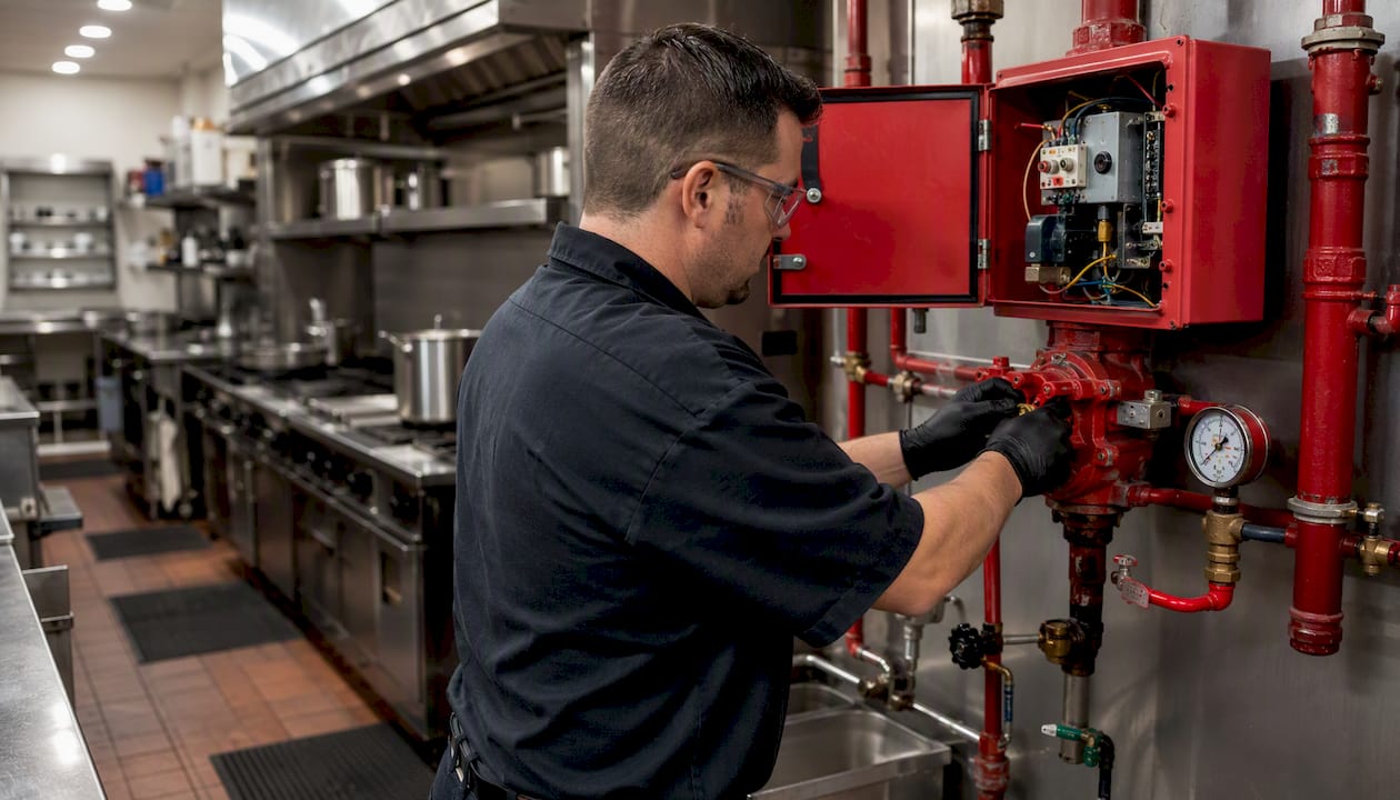 Hands inspecting suppression system pipes and controls