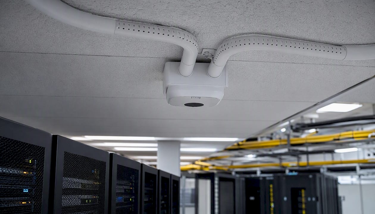 Aspirating smoke detector installed on ceiling in data center