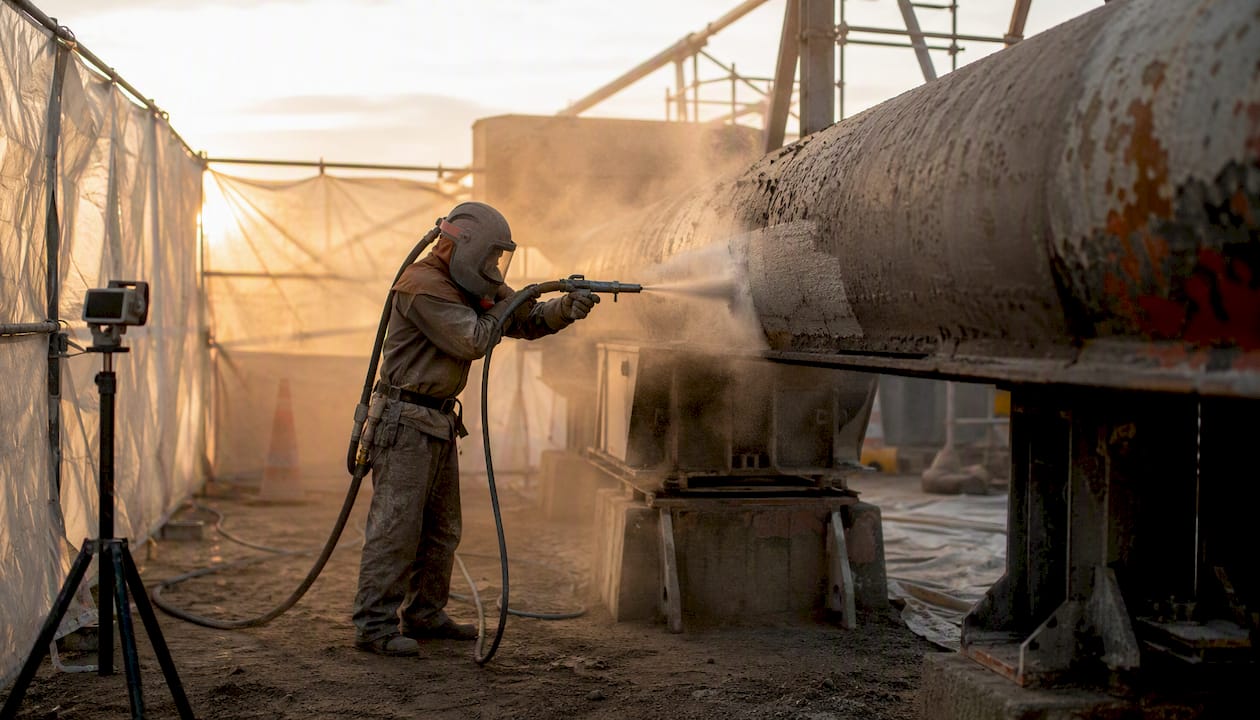 Contractor sandblasting hazardous paint from steel pipe