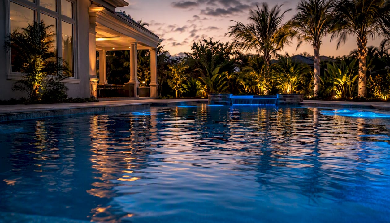 Pool Automation Pros and Cons: Is It Worth It? 2 Pool evening smart lighting effect