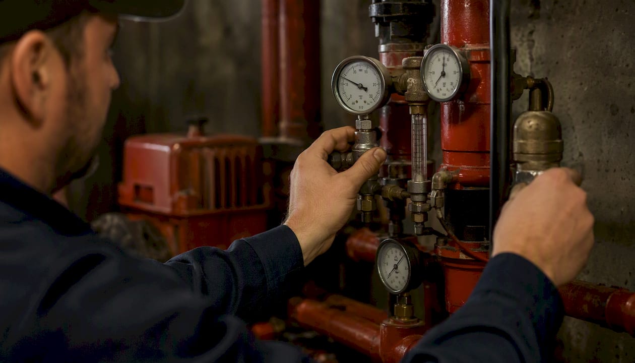 Technician performing fire pump flow test