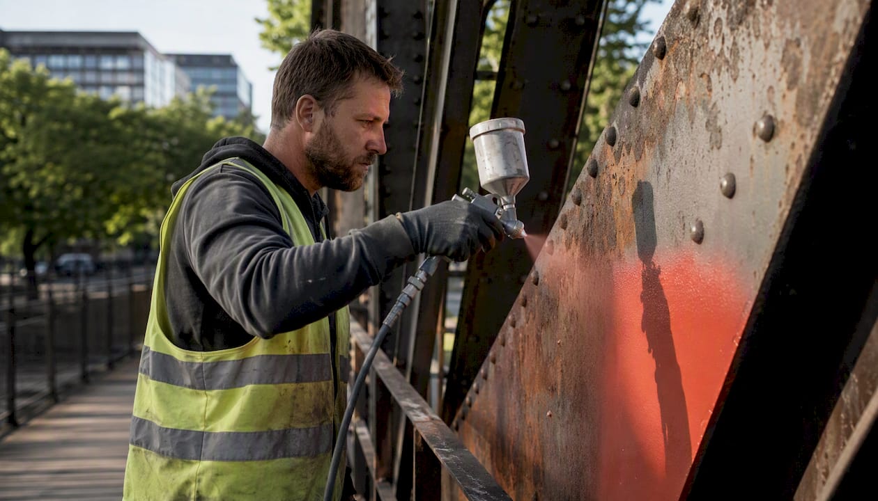 Spraying protective coating on steel bridge beam
