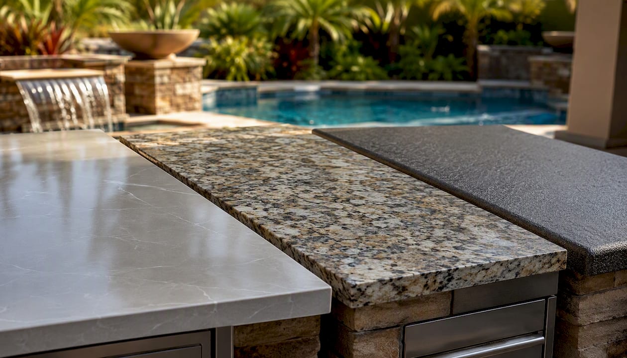 Outdoor Kitchen by Pool: Design Ideas for Homeowners 3 Porcelain, granite, and concrete poolside countertops close-up