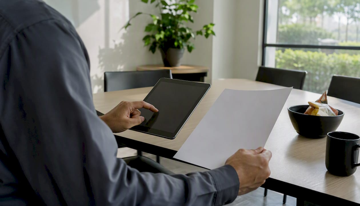 Technician auditing maintenance records on tablet
