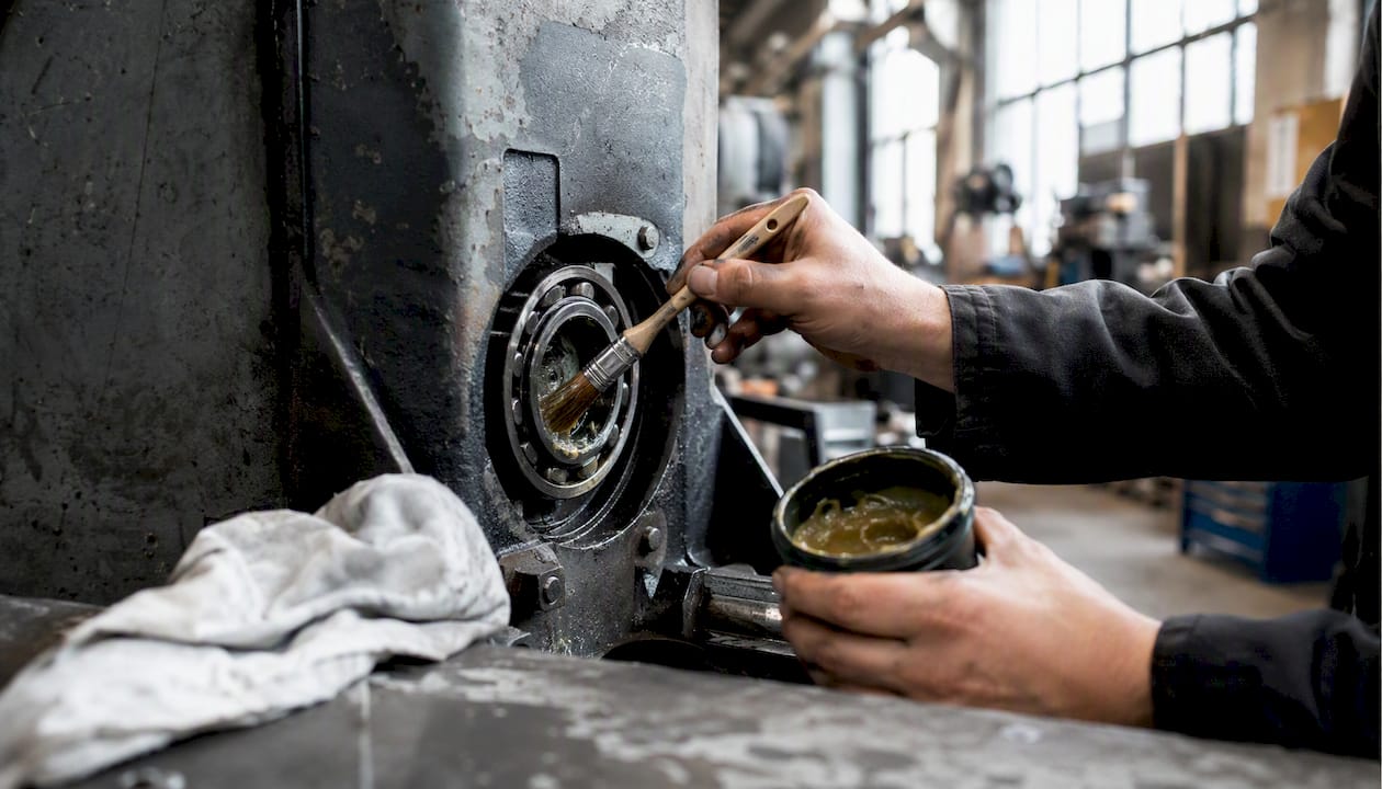 Hands lubricating industrial equipment bearing