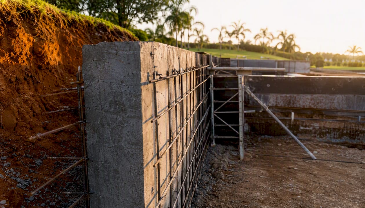 Dual-purpose pool retaining wall under construction