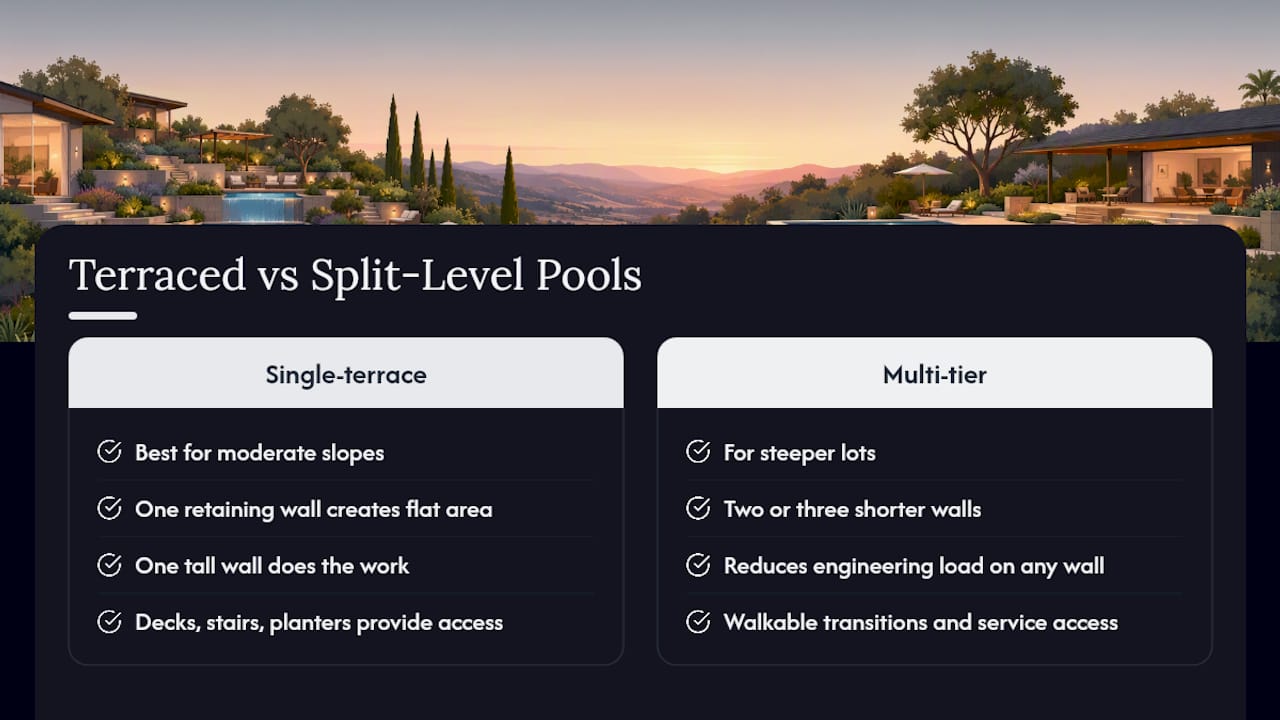Comparison diagram of terraced and split-level pool designs