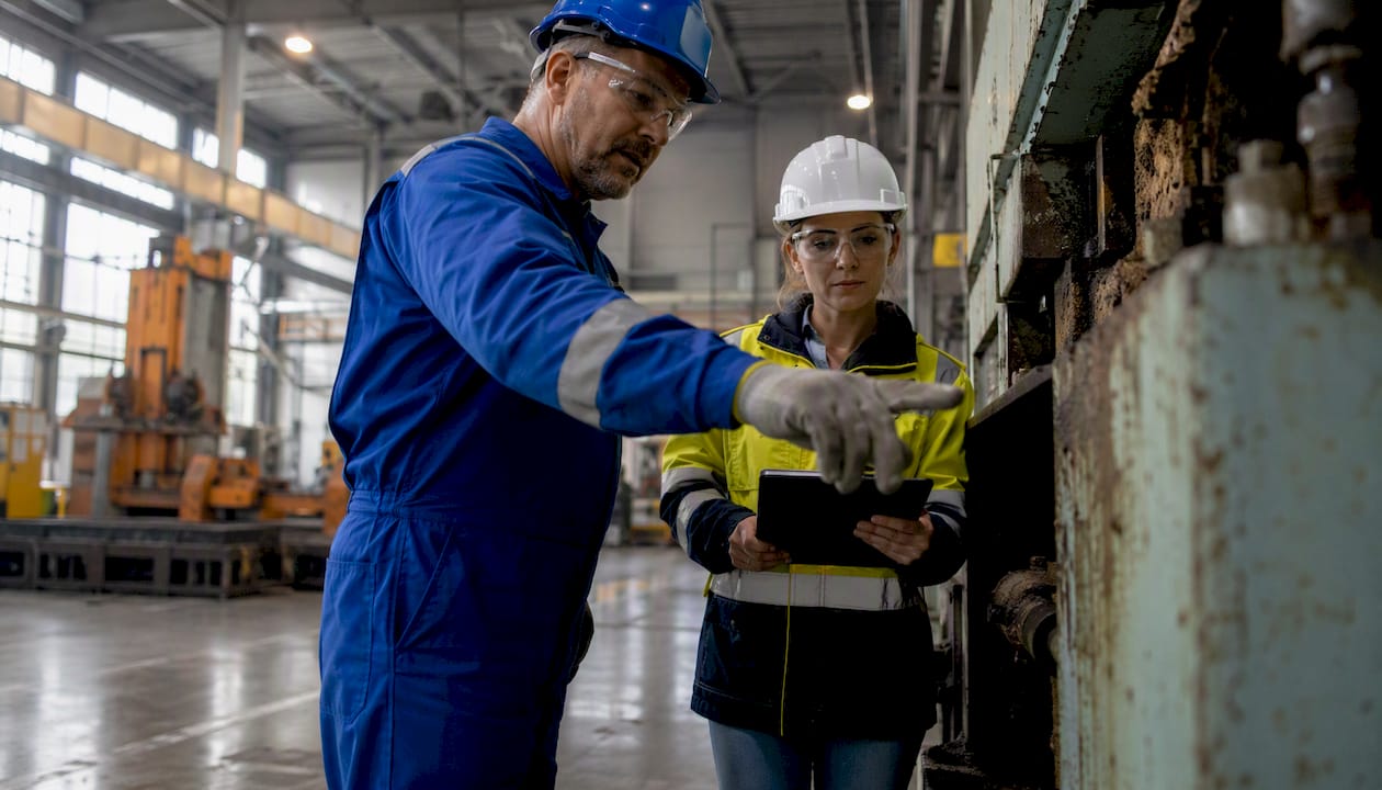 Worker pointing at machinery guard during walkthrough